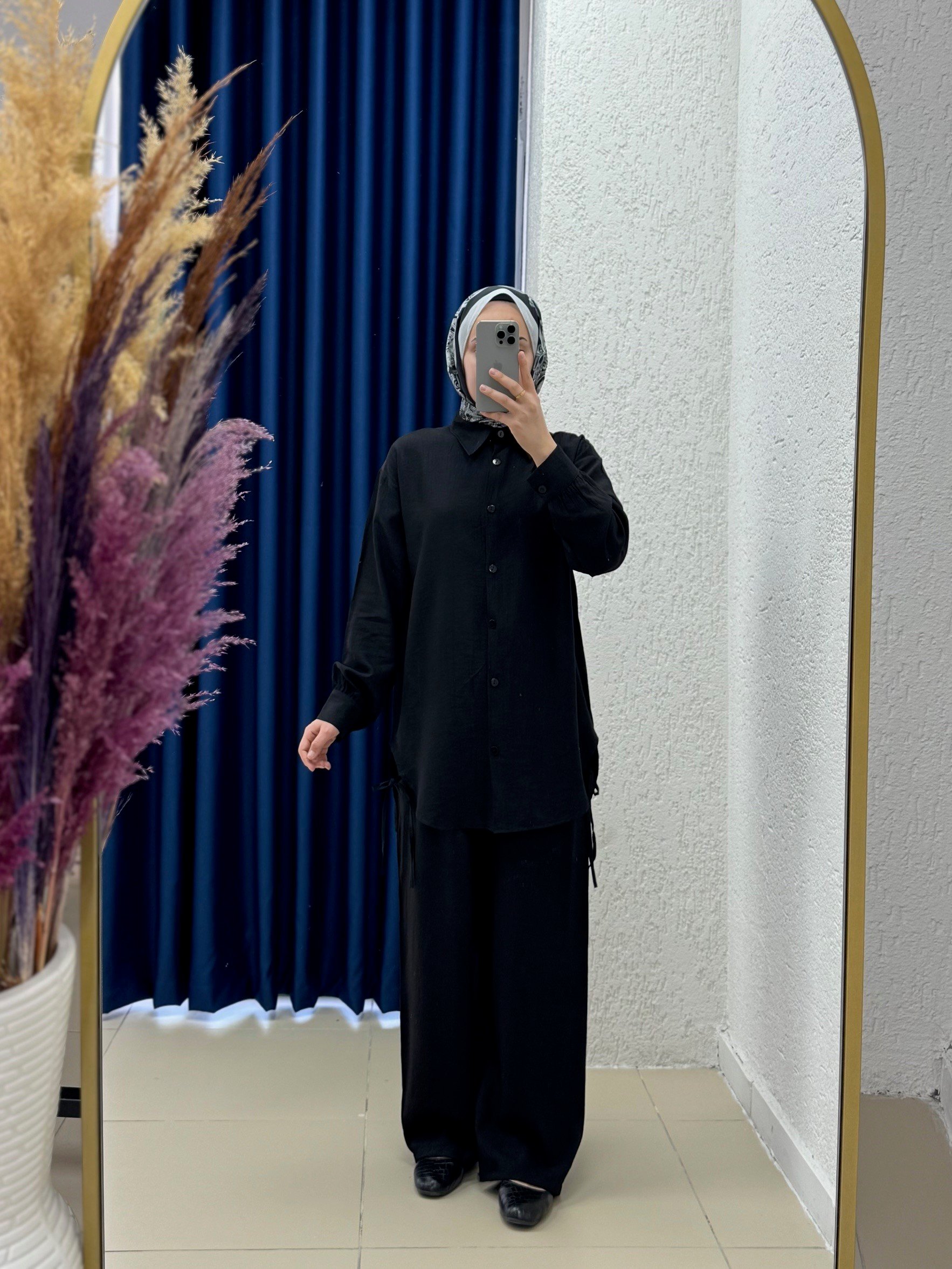 Yelita Yırtmacı İpli Çilek Pantolonlu Takım-MF462 Siyah