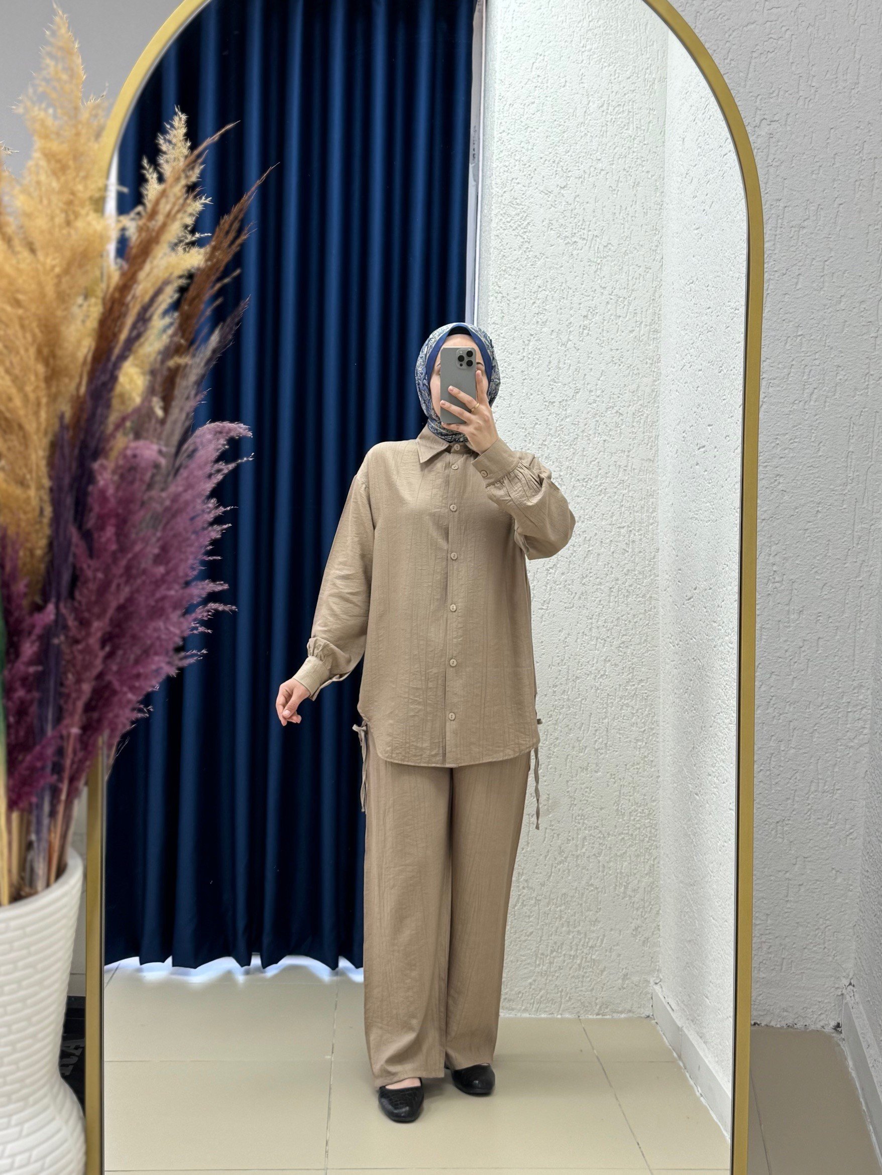 Yelita Yırtmacı İpli Çilek Pantolonlu Takım-MF462 Vizon