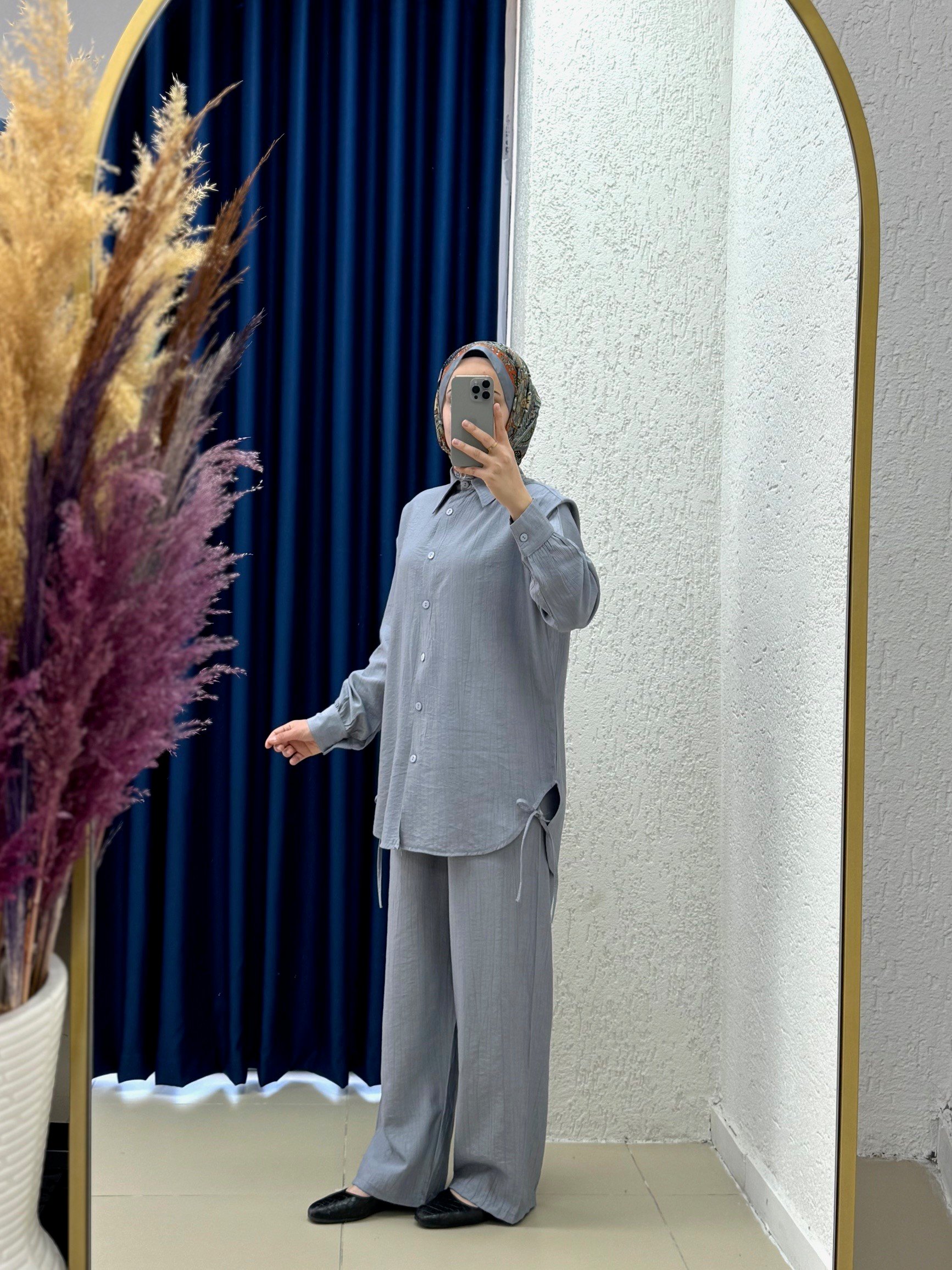 Yelita Yırtmacı İpli Çilek Pantolonlu Takım-MF462 Gri