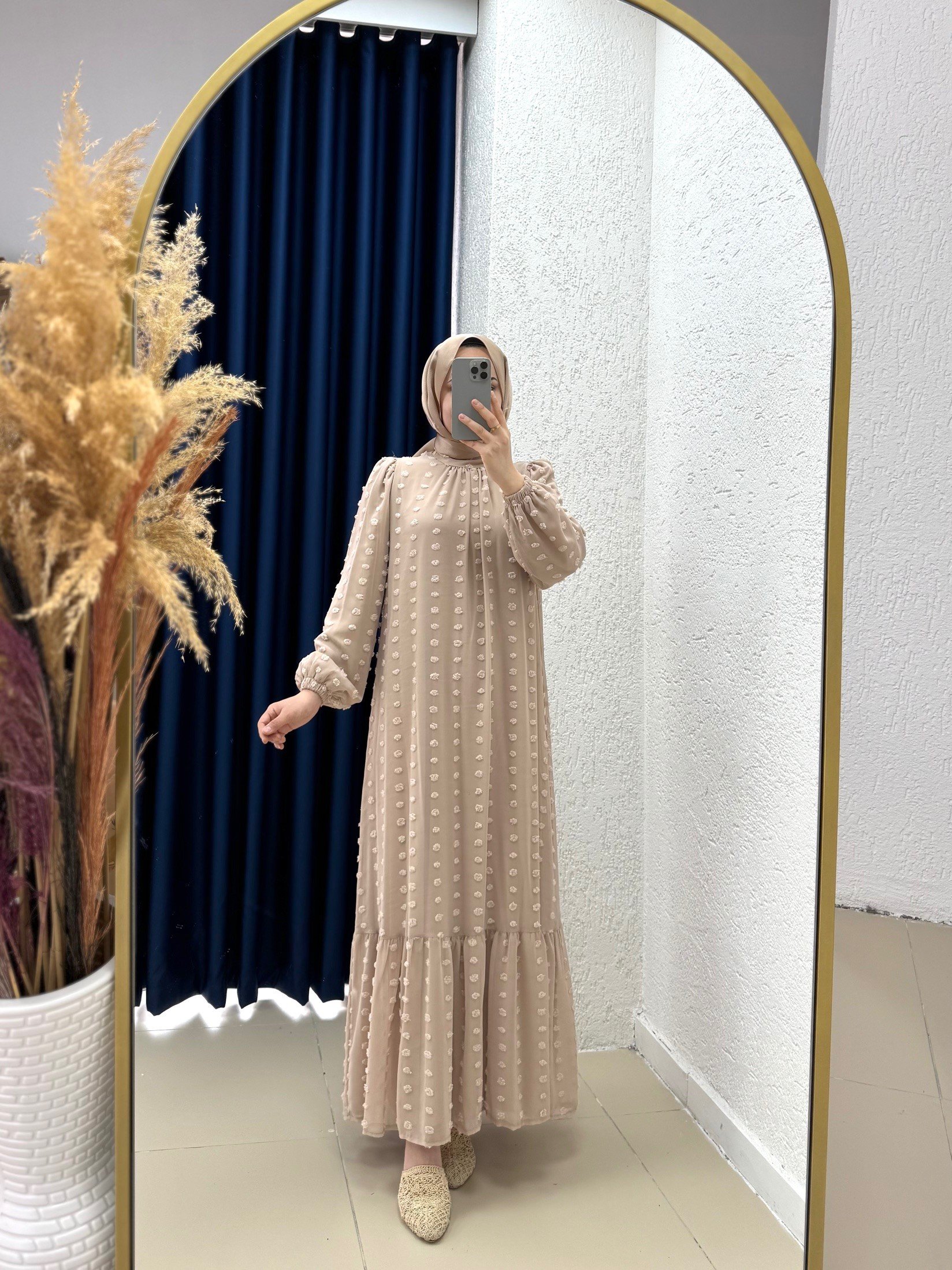 Yelola Ponpon Desen Astarlı Şifon Abiye-PA9511 Taş