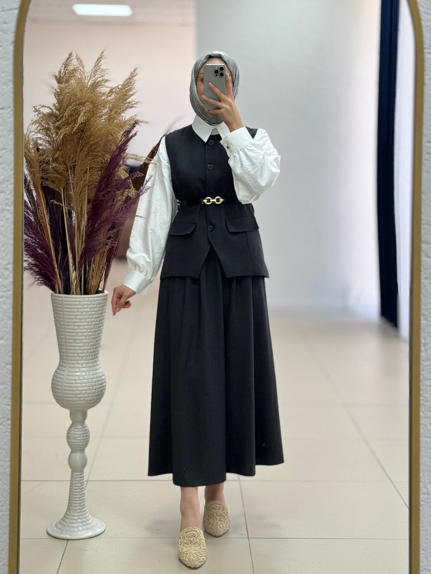 Zenetta Kemeri Zincir Detaylı Astarlı Yelekli İkili Takım-ÜN3000 Antrasit