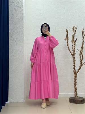 Yazlık Tesettür Elbise/Melina Düğmeli Çilek Elbise-KN9658 Pembe