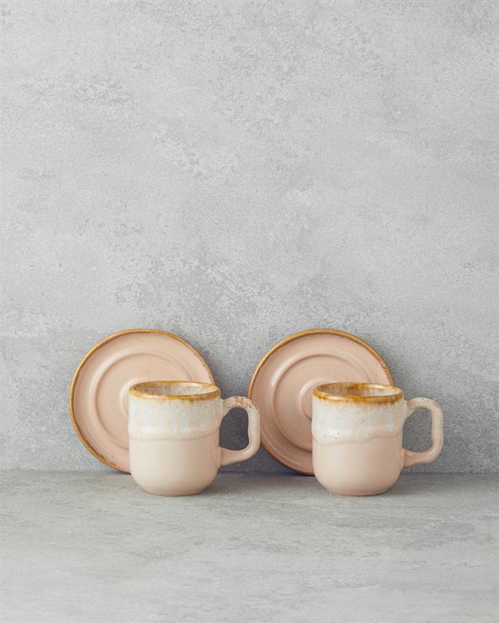 Alicent Seramik 4 Parça 2 Kişilik Double Kahve Fincan Takımı 150 ml Pudra