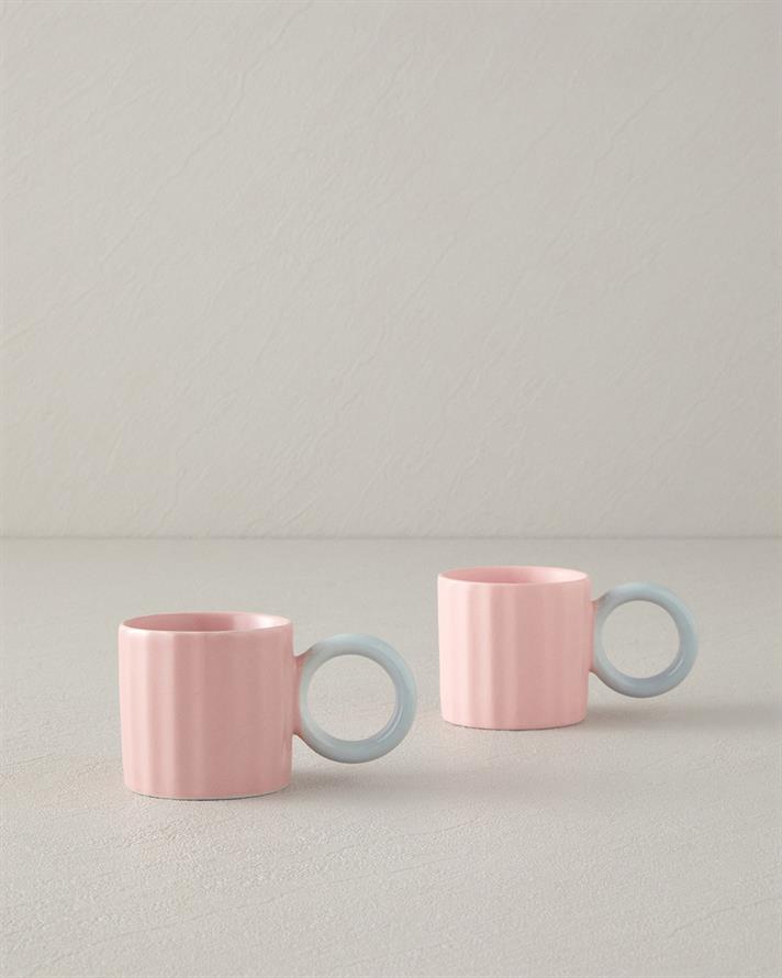 Angled New Bone China 2 Parça 2 Kişilik Kahve Fincan Takımı 90 ml Açık Pembe