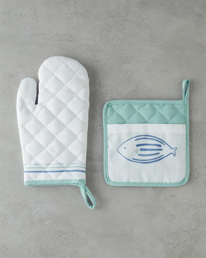 Aqualuna Fırın Eldiveni ve Tutacak Seti 17x30 Cm + 20x20 Cm Mavi - Yeşil