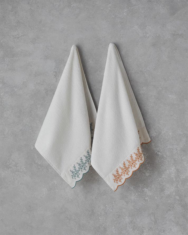 Artistic Leafy Pamuklu Brodeli Yüz Havlusu 50x80 cm Ekru-Sarı