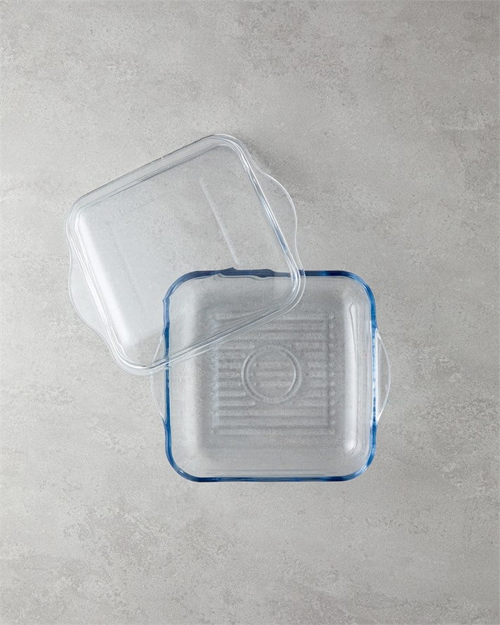 Bake&Serve Cam Kapaklı Kare Izgaralı Fırın Kabı 24 X 21,2 cm Şeffaf