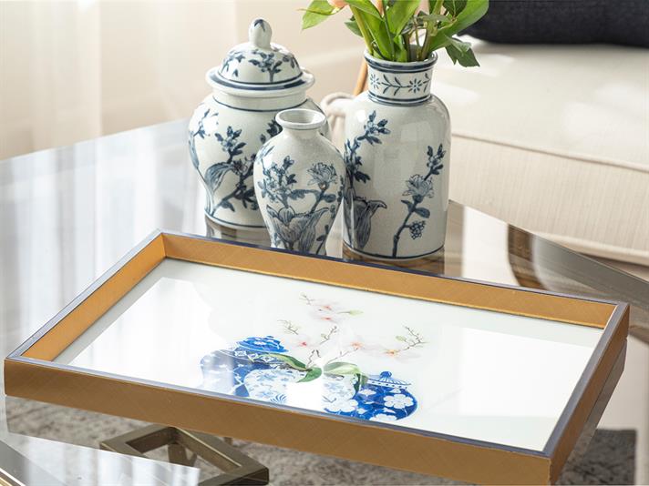 Bleu Blanc Cam Dekoratif Tepsi  31x46 cm Gold