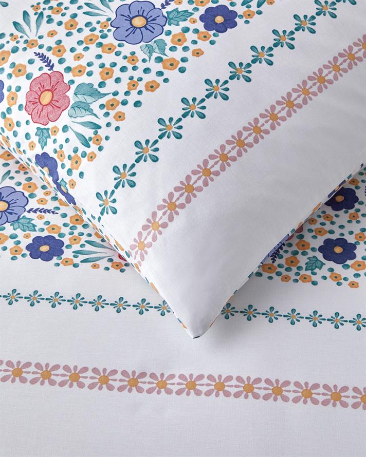 Blossom Bands Çift Taraflı Pamuklu Tek Kişilik Nevresim Seti 160x220 cm Kırmızı - Mavi