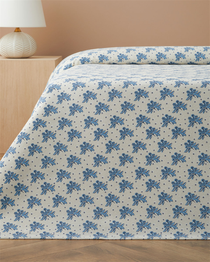 Blue Bouquet Baskılı Pamuklu Çift Kişilik Pike 200x220 cm Mavi