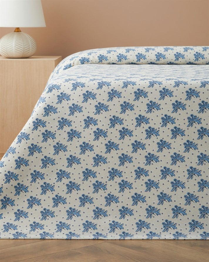 Blue Bouquet Baskılı Pamuklu Tek Kişilik Pike 150x220 cm Mavi