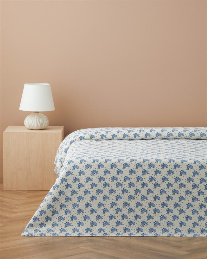Blue Bouquet Baskılı Pamuklu Tek Kişilik Pike 150x220 cm Mavi