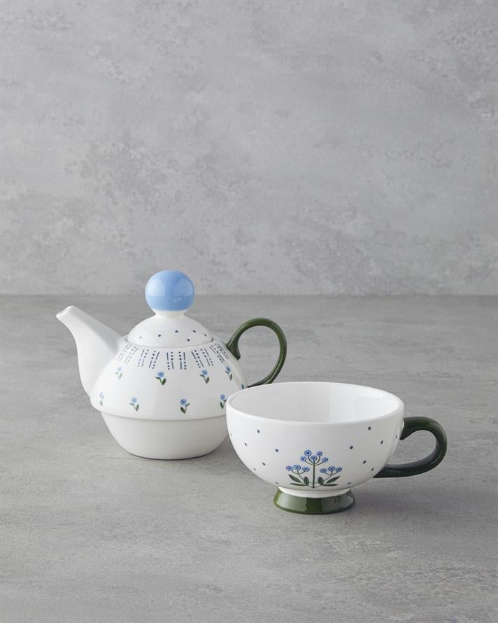 Blue Flowers New Bone China Demlik 400 ml Mavi