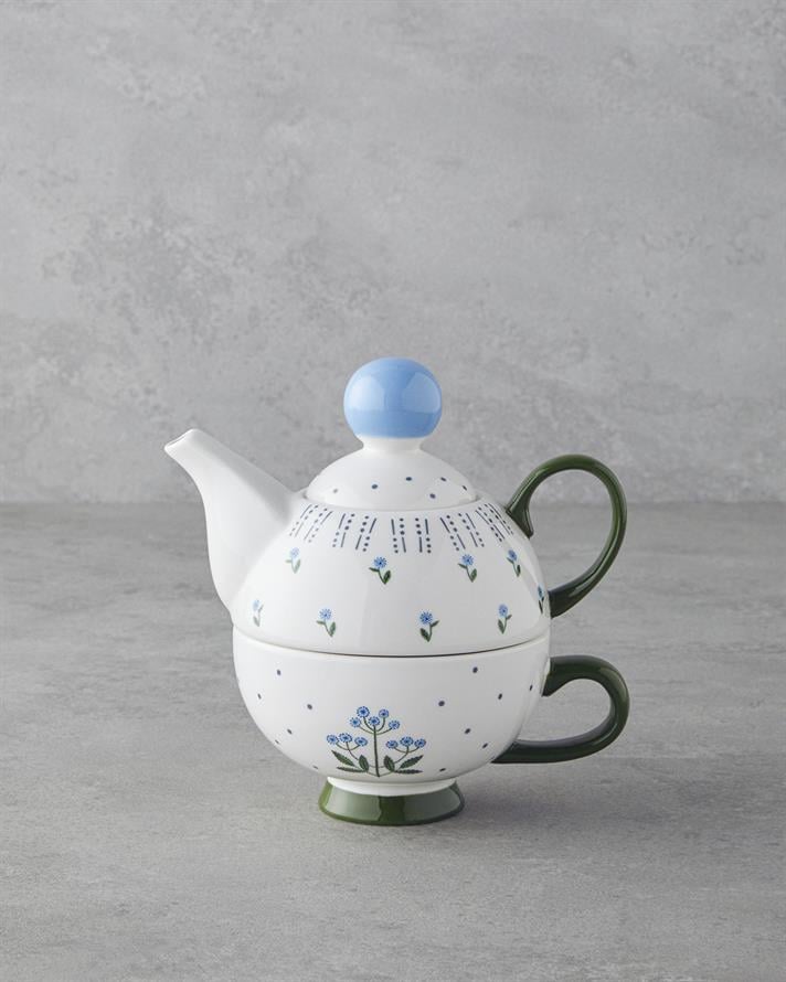 Blue Flowers New Bone China Demlik 400 ml Mavi