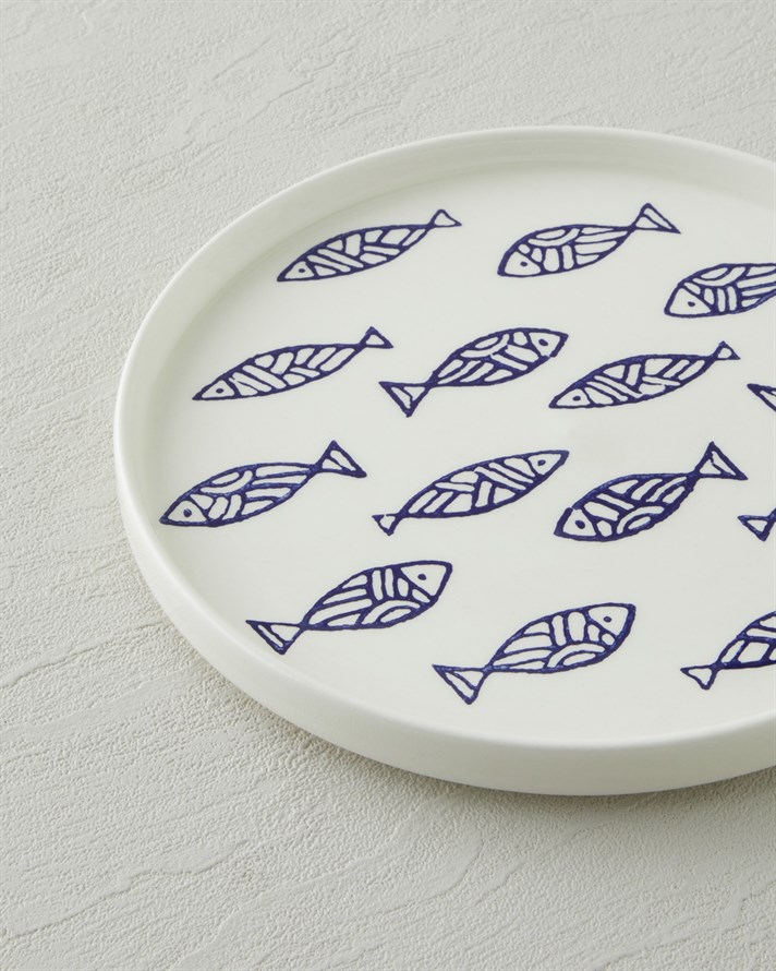 Blue Rhythm Seramik Pasta Tabağı 20 cm Beyaz - Lacivert