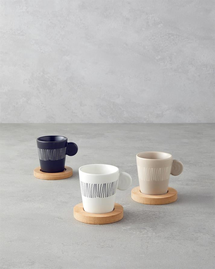 Bona Stoneware 6 Parça 3 Kişilik Kahve Fincan Takımı 70 ml Siyah-Beyaz-Bej
