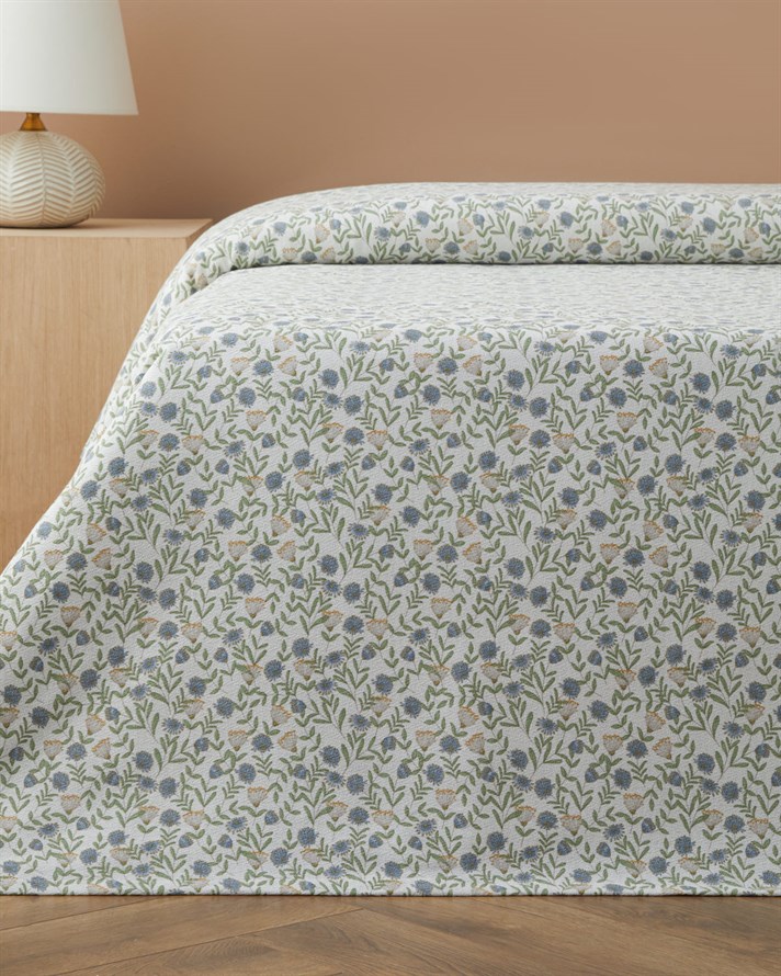 Botanica Baskılı Pamuklu Çift Kişilik Pike 200x220 cm Mavi