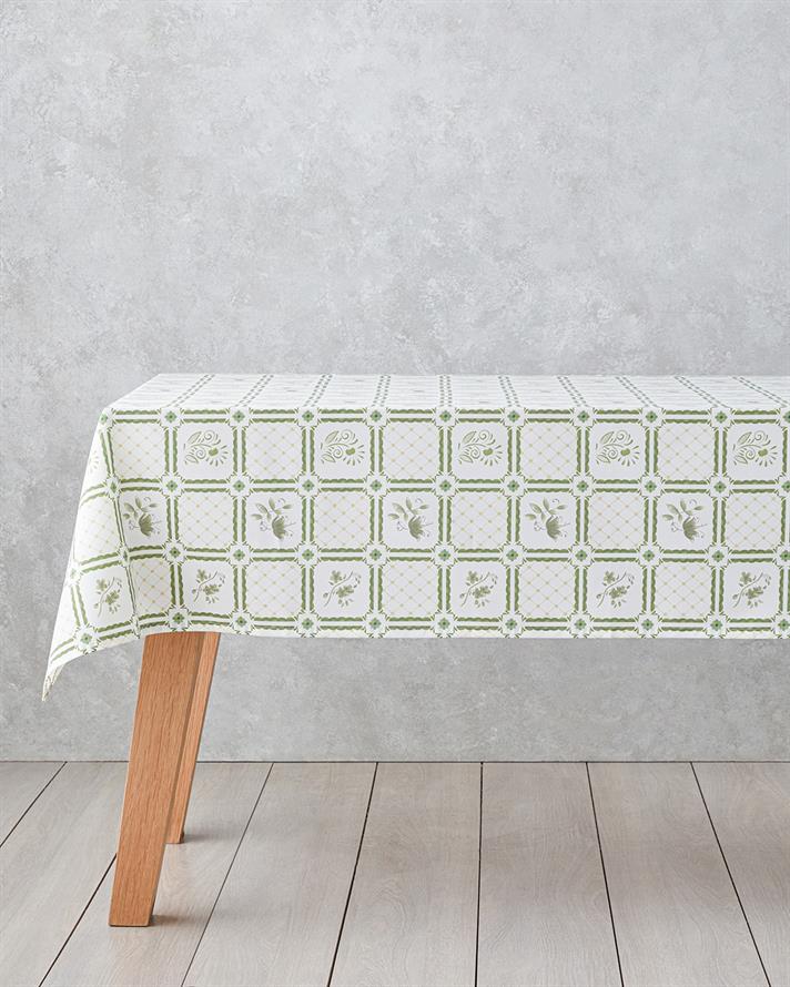 Botanical Garden Pamuk Polyester Masa Örtüsü 150x200 cm Beyaz - Yeşil