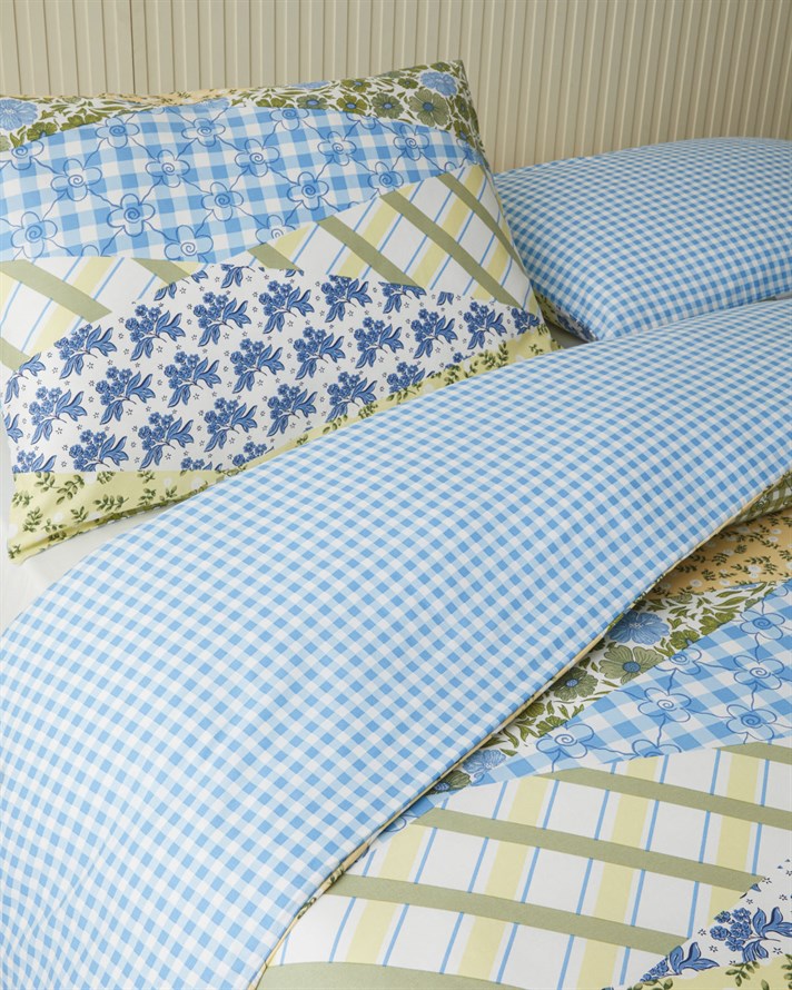 Botanical Patch Pamuklu Çift Kişilik Nevresim Seti 200x220 cm Mavi - Yeşil