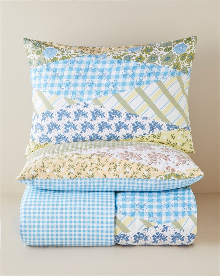 Botanical Patch Pamuklu Çift Kişilik Nevresim Seti 200x220 cm Mavi - Yeşil