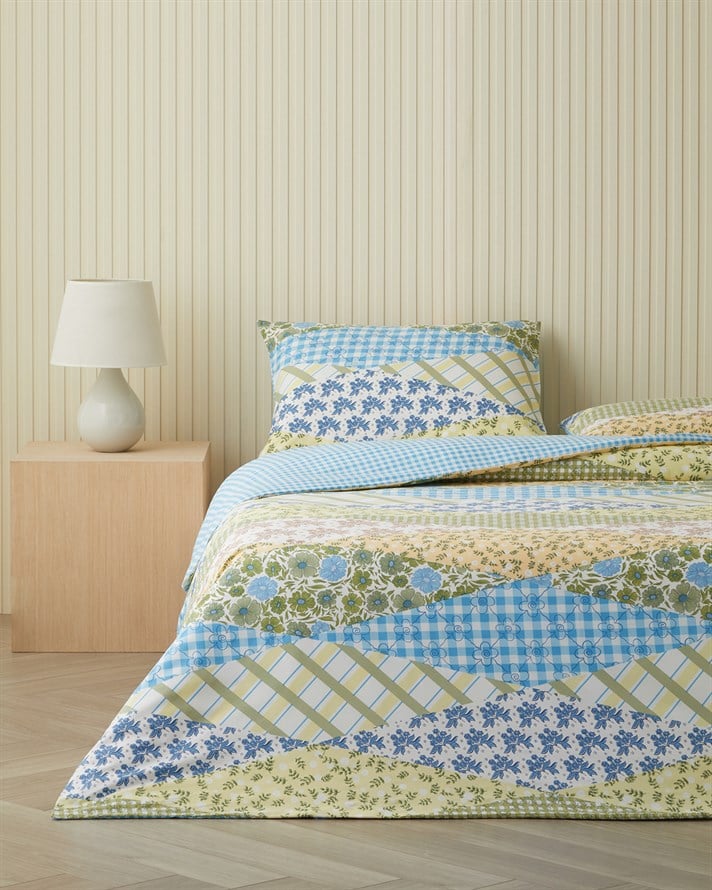 Botanical Patch Pamuklu Çift Kişilik Nevresim Seti 200x220 cm Mavi - Yeşil