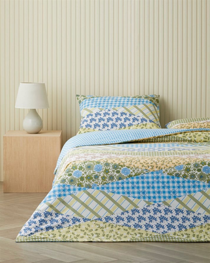 Botanical Patch Pamuklu Çift Kişilik Nevresim Seti 200x220 cm Mavi - Yeşil