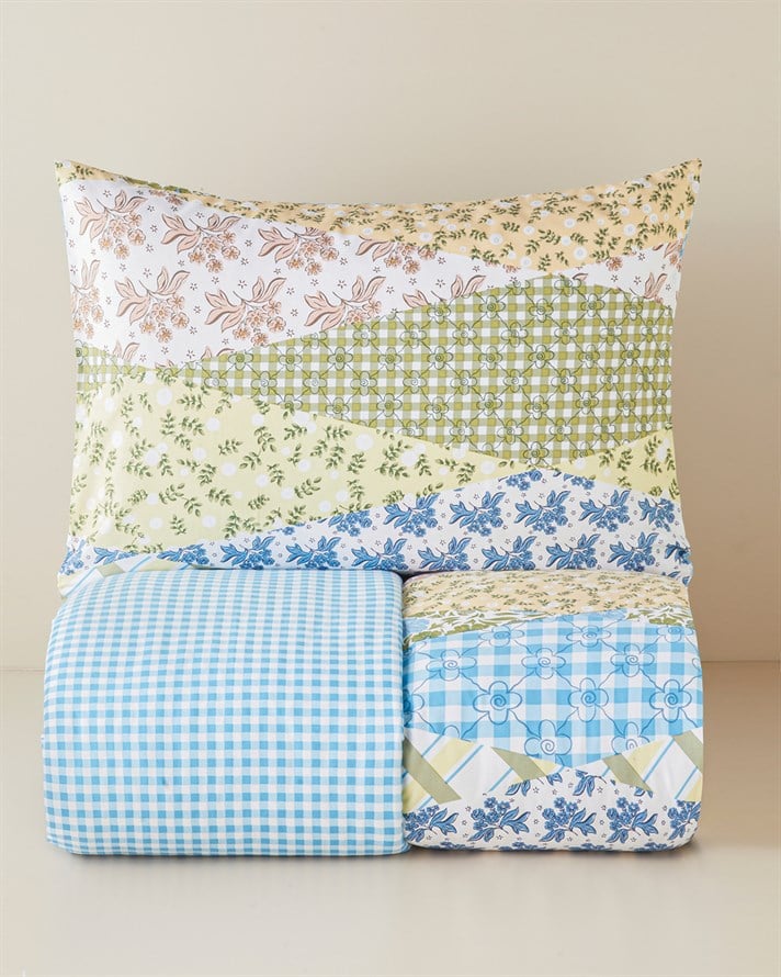 Botanical Patch Pamuklu Tek Kişilik Nevresim Seti 160x220 cm Mavi - Yeşil