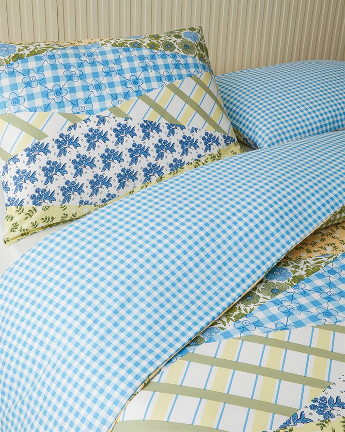 Botanical Patch Pamuklu Tek Kişilik Nevresim Seti 160x220 cm Mavi - Yeşil