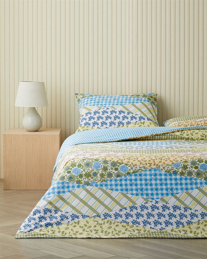 Botanical Patch Pamuklu Tek Kişilik Nevresim Seti 160x220 cm Mavi - Yeşil