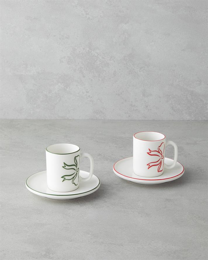 Bowsie Bone Porselen 4 Parça 2 Kişilik Kahve Fincan Takımı 90 ml Kırmızı - Yeşil