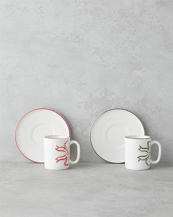 Bowsie Bone Porselen 4 Parça 2 Kişilik Kahve Fincan Takımı 90 ml Kırmızı - Yeşil