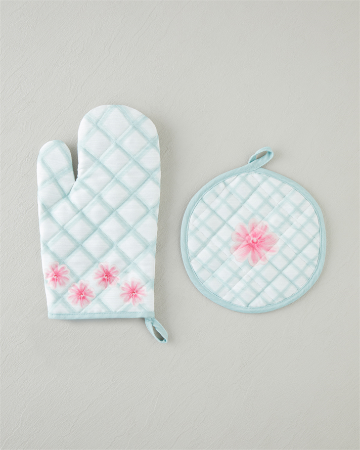 Bright Floral 2li Fırın Eldiveni ve Tutacak Seti Pembe - Yeşil