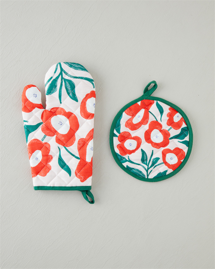 Bright Parade 2li Fırın Eldiveni ve Tutacak Seti Kırmızı - Yeşil
