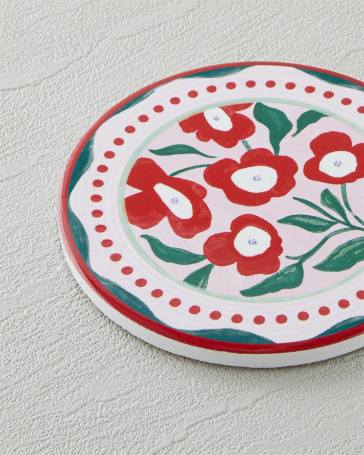 Bright Parade Seramik Bardak Altlığı 10 cm Kırmızı - Yeşil