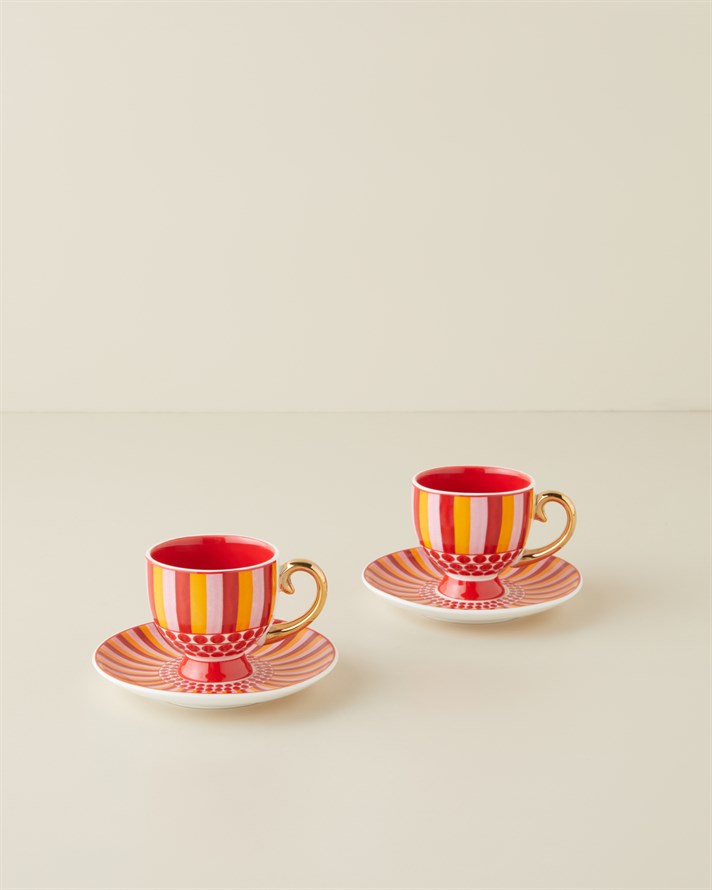 Bright Vionna New Bone China 4 Parça 2 Kişilik Kahve Fincan Takımı 100 ml Pembe-Kırmızı-Turuncu