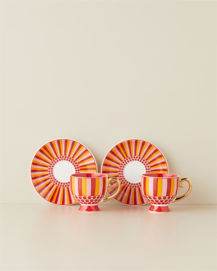Bright Vionna New Bone China 4 Parça 2 Kişilik Kahve Fincan Takımı 100 ml Pembe-Kırmızı-Turuncu