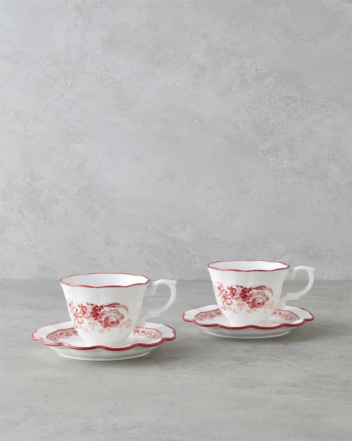 Carmine Porselen 4 Parça 2 Kişilik Çay Fincanı Takımı 200 ml Kırmızı - Beyaz