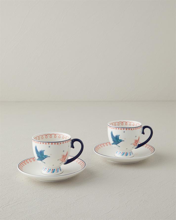 Carnaval Birds New Bone China Kahve Fincan Takımı 4 Parça 2 Kişilik Mavi