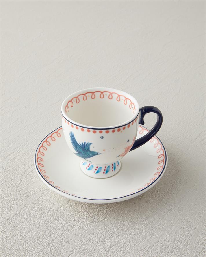 Carnaval Birds New Bone China Kahve Fincan Takımı 4 Parça 2 Kişilik Mavi