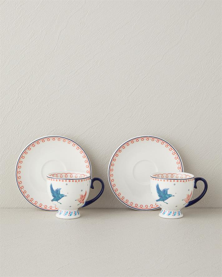 Carnaval Birds New Bone China Kahve Fincan Takımı 4 Parça 2 Kişilik Mavi