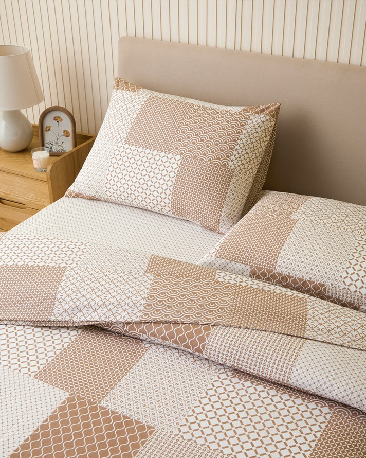 Chain Patch Kolay Ütülenir Çarşaflı Çift Kişilik Nevresim Takımı 200x220 cm Turuncu