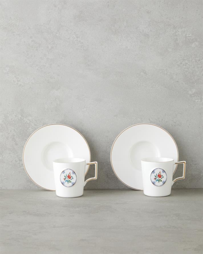 Charmed Bloom Porselen 4 Parça 2 Kişilik Double Kahve Fincan Takımı 155 ml Beyaz-Gold