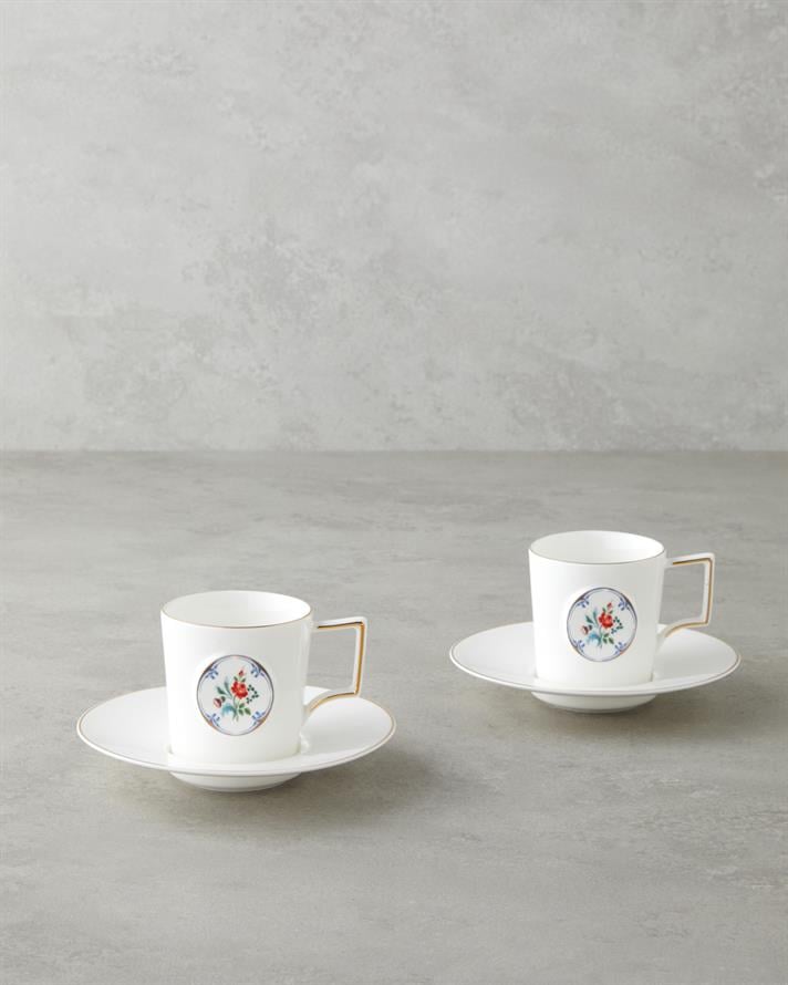 Charmed Bloom Porselen 4 Parça 2 Kişilik Double Kahve Fincan Takımı 155 ml Beyaz-Gold