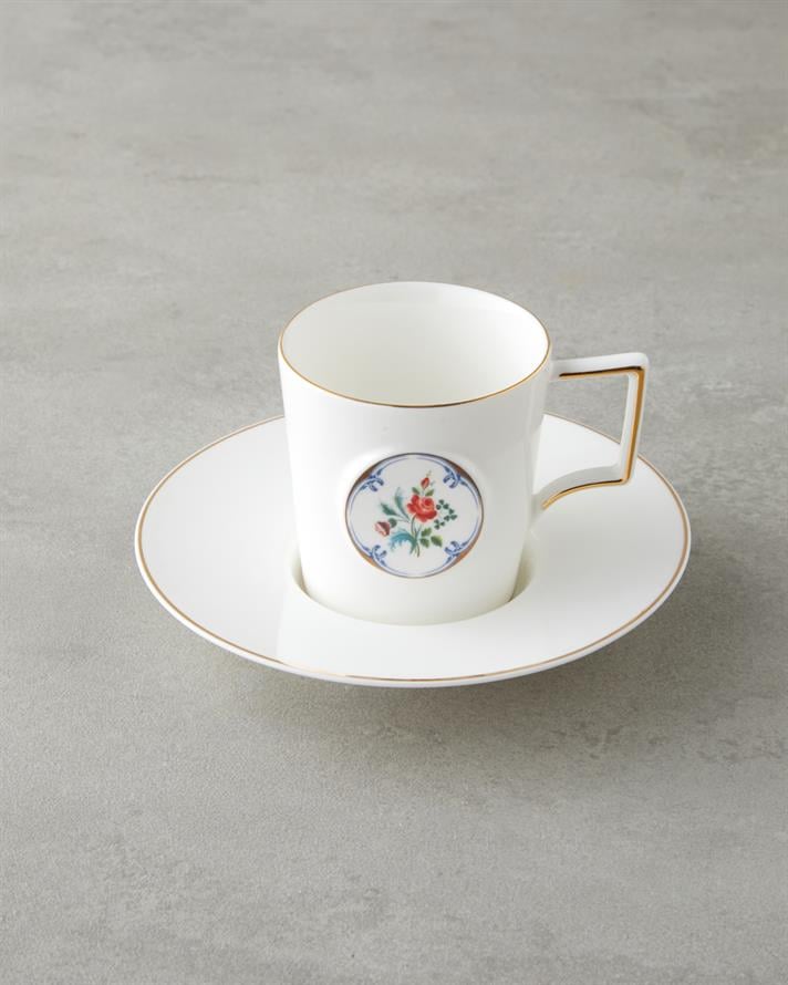 Charmed Bloom Porselen 4 Parça 2 Kişilik Double Kahve Fincan Takımı 155 ml Beyaz-Gold