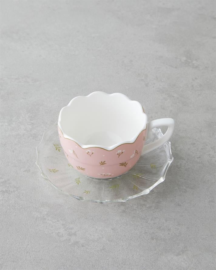 Charming New Bone China 4 Parça 2 Kişilik Cam Tabaklı Kahve Fincan Takımı 80 ml Pembe - Yeşil