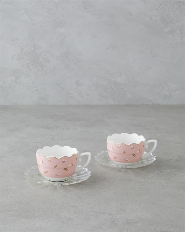 Charming New Bone China 4 Parça 2 Kişilik Cam Tabaklı Kahve Fincan Takımı 80 ml Pembe - Yeşil