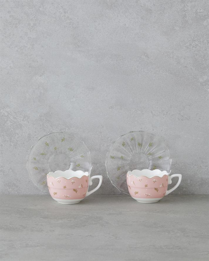 Charming New Bone China 4 Parça 2 Kişilik Cam Tabaklı Kahve Fincan Takımı 80 ml Pembe - Yeşil