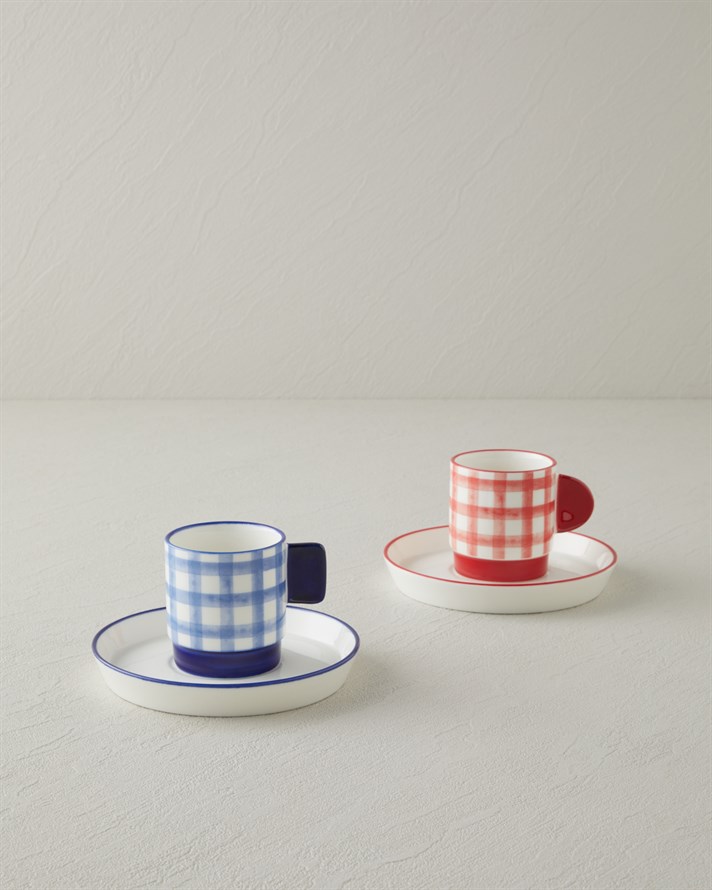 Check & Sip Porselen 4 Parça 2 Kişilik Kahve Fincan Takımı 90 ml Kırmızı - Lacivert