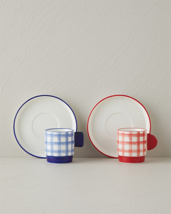 Check & Sip Porselen 4 Parça 2 Kişilik Kahve Fincan Takımı 90 ml Kırmızı - Lacivert