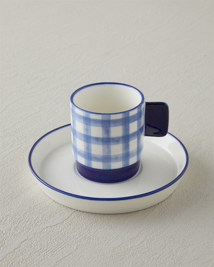 Check & Sip Porselen 4 Parça 2 Kişilik Kahve Fincan Takımı 90 ml Kırmızı - Lacivert